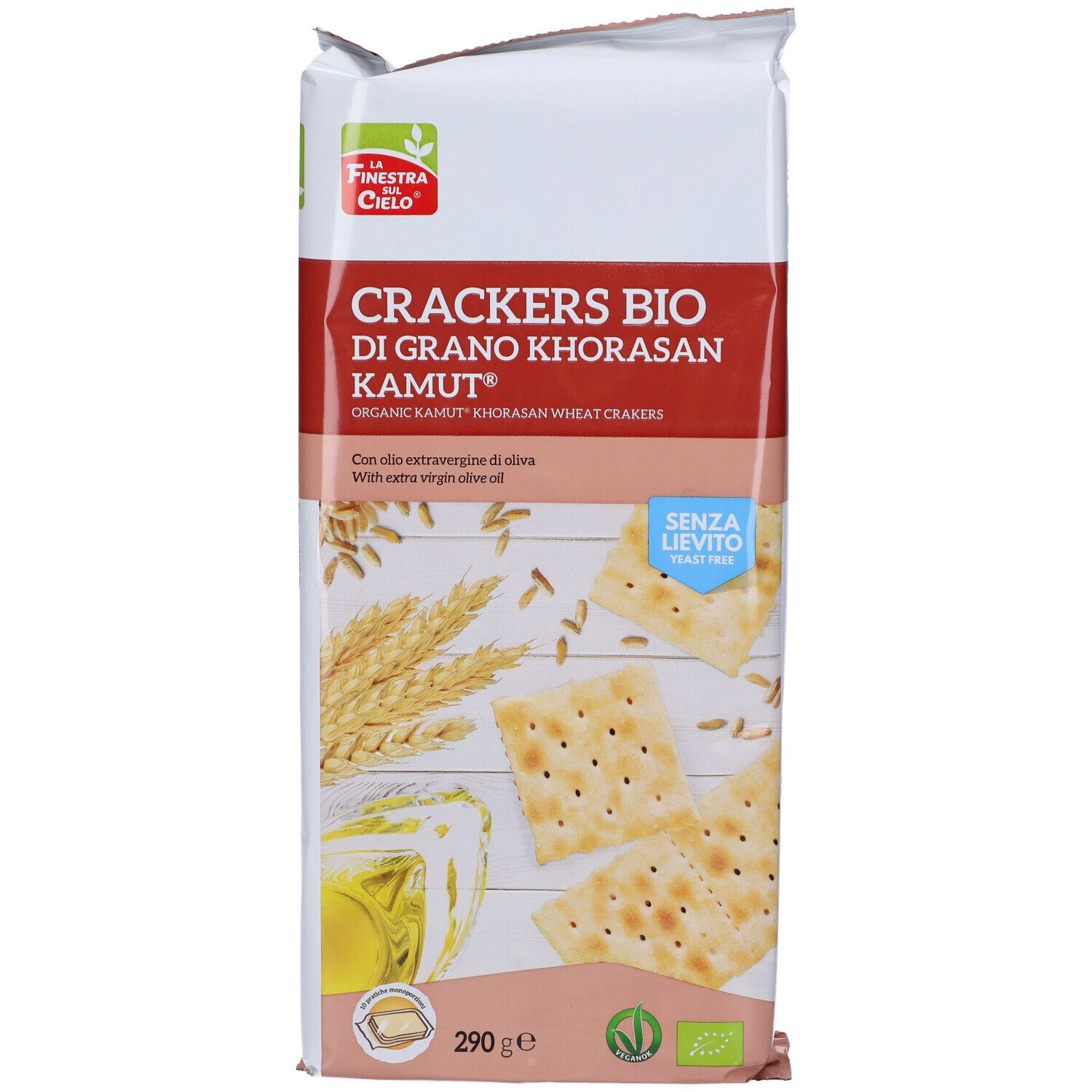Confezione di cracker. Scritta: Crackers Bio di Grano Khorasan Kamut. Con olio d'oliva. 290g. Certificazione bio.