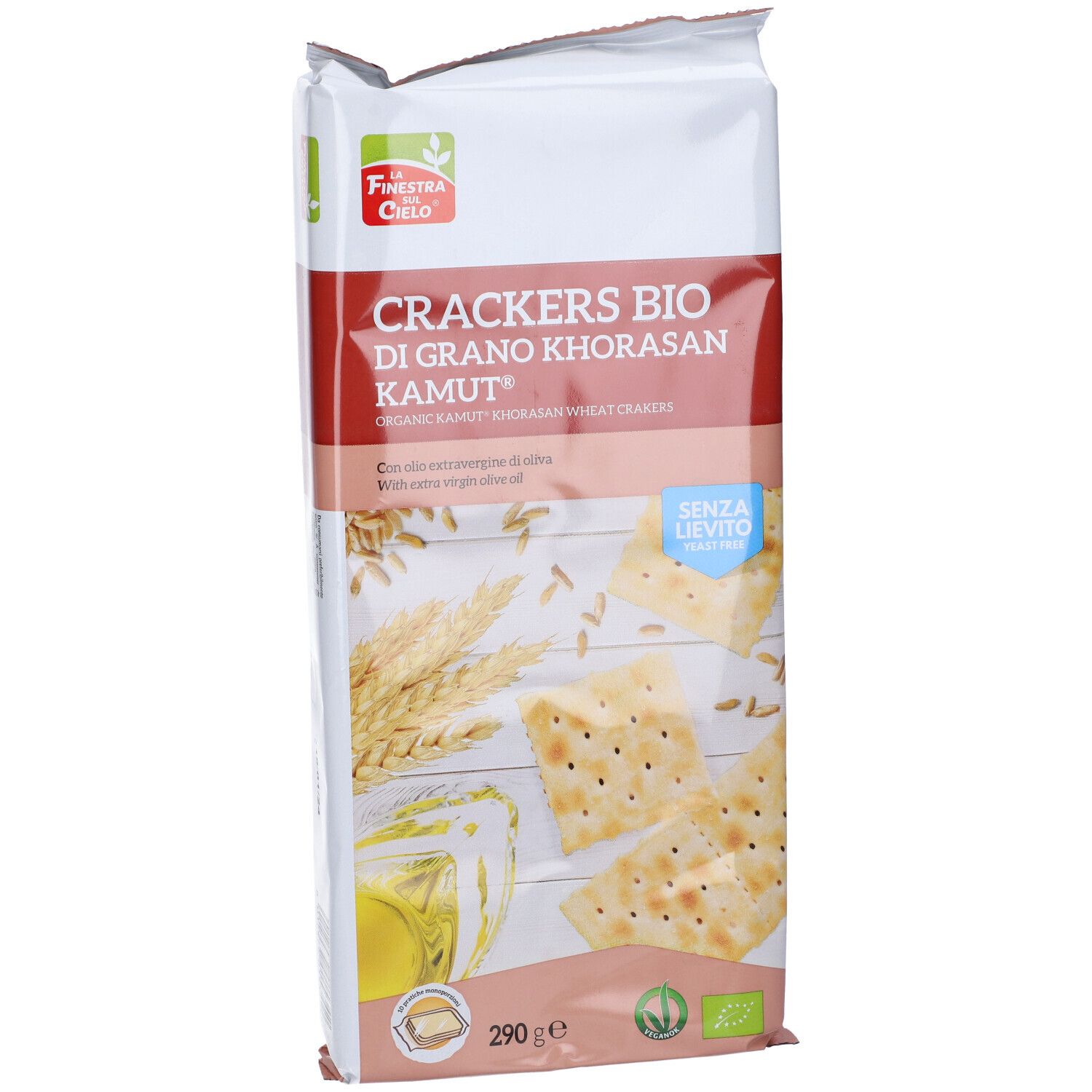Confezione di cracker. Scritta: Crackers Bio di Grano Khorasan Kamut. Con olio d'oliva. 290g. Certificazione bio.