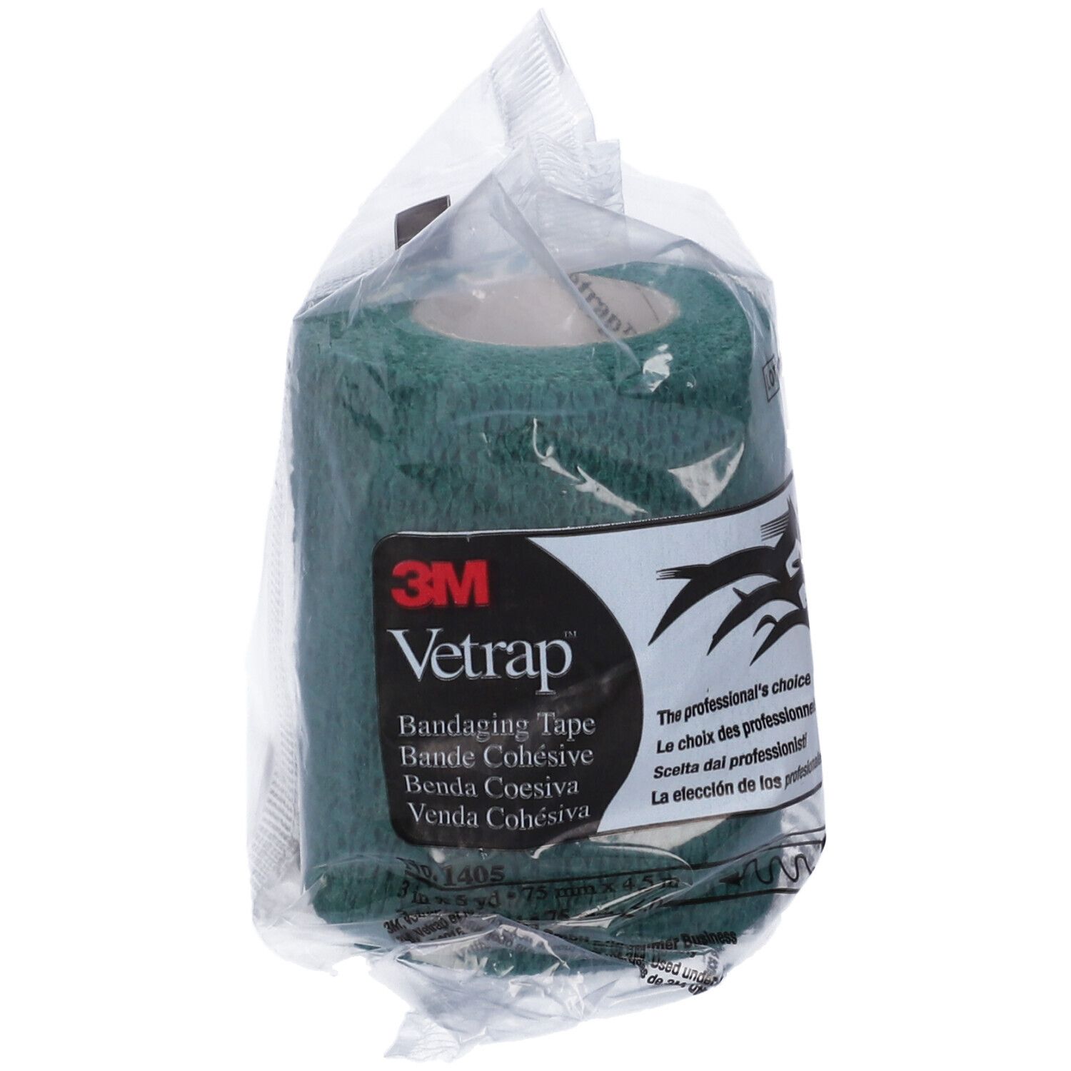 Benda verde in confezione trasparente. Stampa: 3M Vetrap Bandaging Tape.
