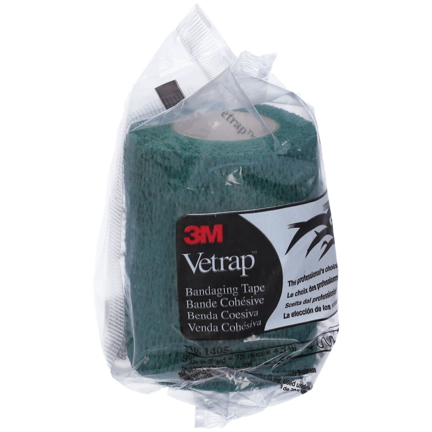 Benda verde in confezione trasparente. Stampa: 3M Vetrap Bandaging Tape.