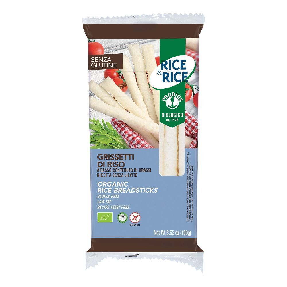 Confezione di grissini di riso. Scritta: Senza Glutine, Rice&Rice, Probios, biologico. Senza glutine, a basso contenuto di grassi, senza lievito.