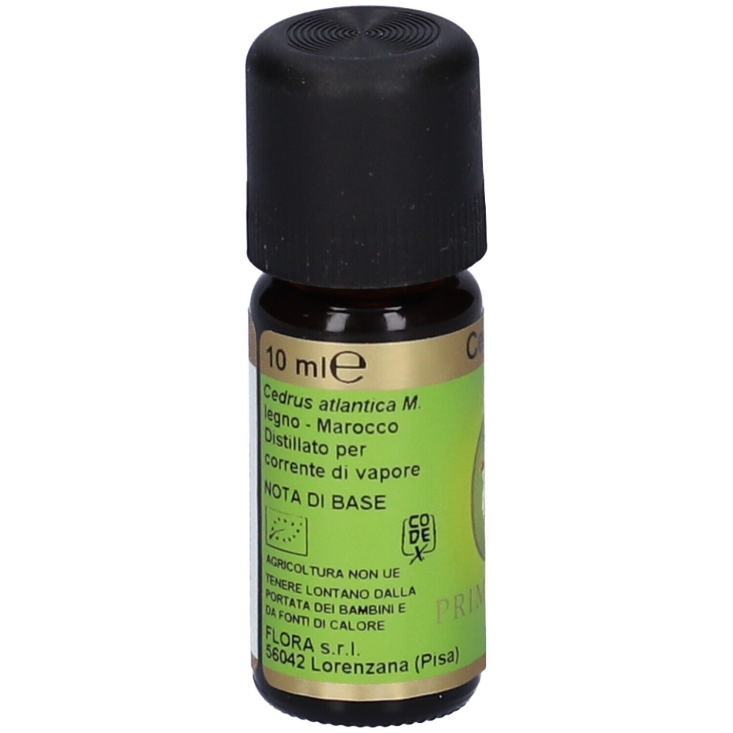 Piccolo flacone di vetro marrone con tappo nero. Etichetta verde con testo. 10 ml. Cedrus atlantica M. legno - Marocco.