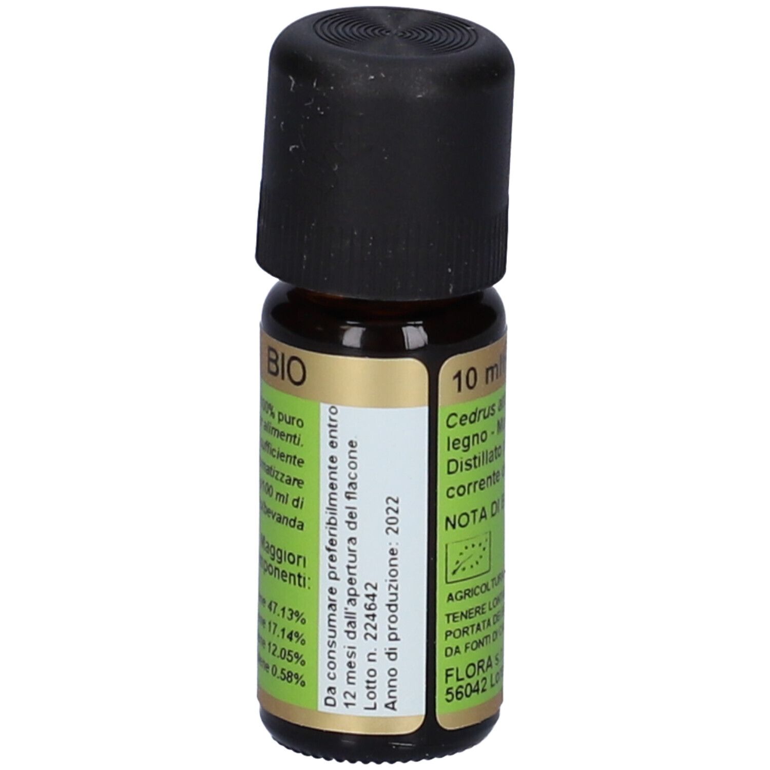 Piccolo flacone di vetro marrone con tappo nero. Etichetta verde con testo. 10 ml. Cedrus atlantica M. legno - Marocco.