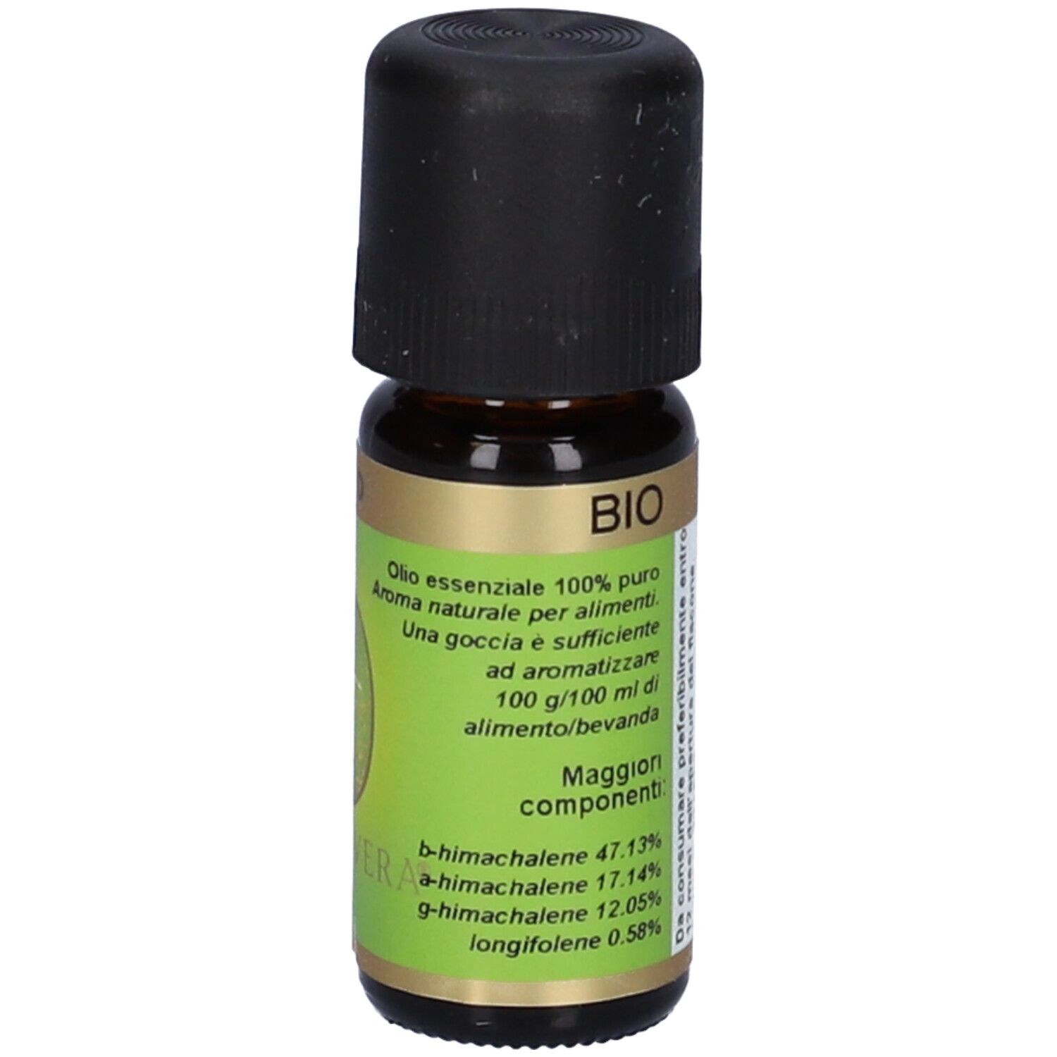 Piccolo flacone di vetro marrone con tappo nero. Etichetta verde con testo. 10 ml. Cedrus atlantica M. legno - Marocco.