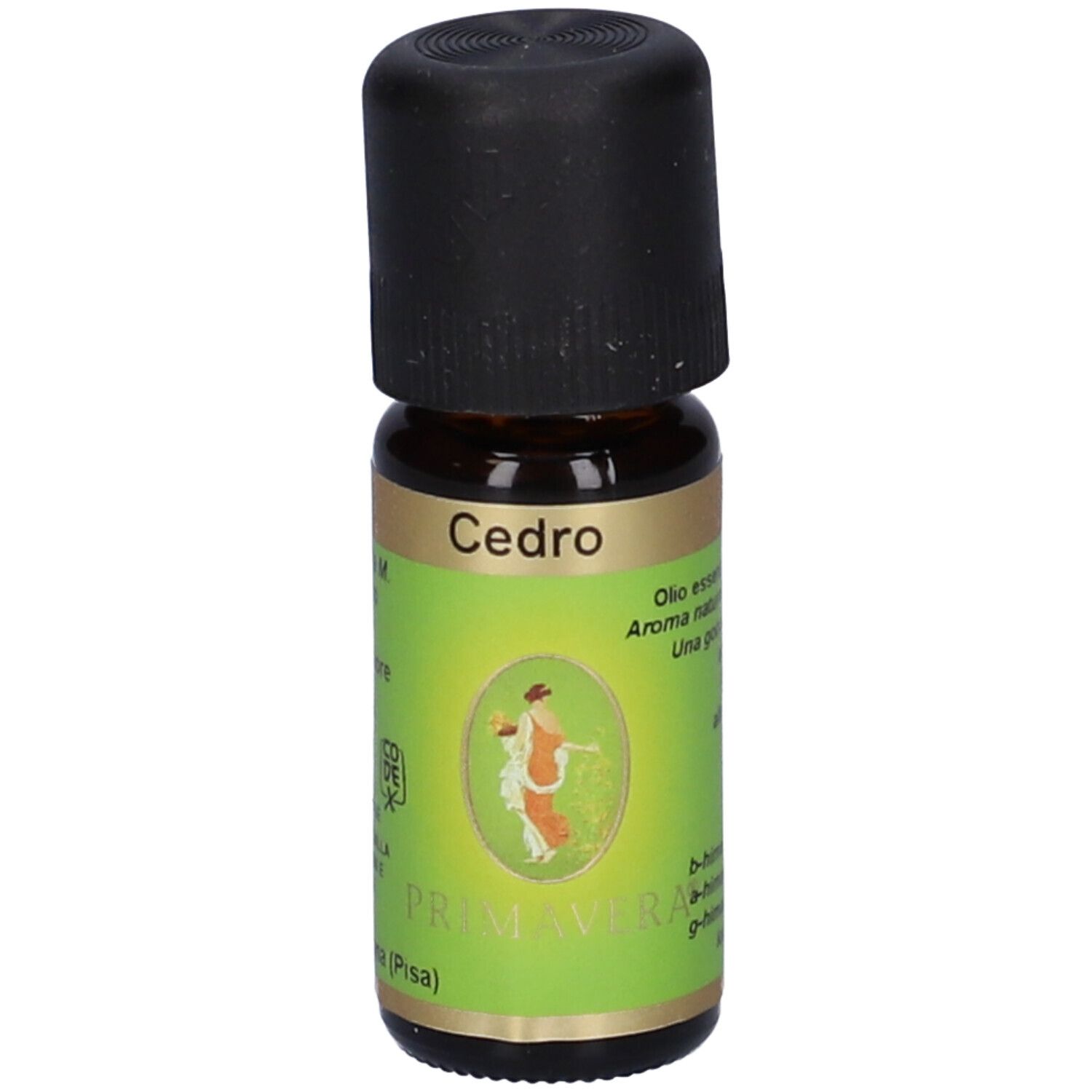 Piccolo flacone di vetro marrone con tappo nero. Etichetta verde con testo. 10 ml. Cedrus atlantica M. legno - Marocco.