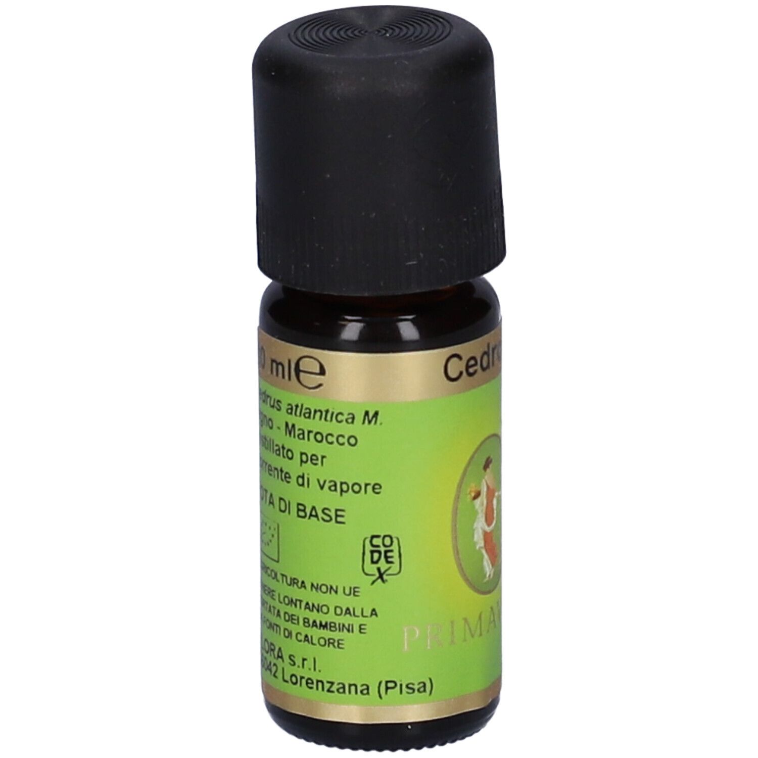 Piccolo flacone di vetro marrone con tappo nero. Etichetta verde con testo. 10 ml. Cedrus atlantica M. legno - Marocco.