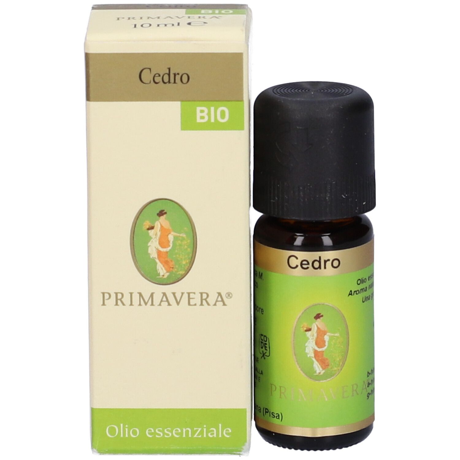 Flacone di vetro marrone con tappo nero ed etichetta verde. Scritta Cedro. Logo Primavera e confezione.
