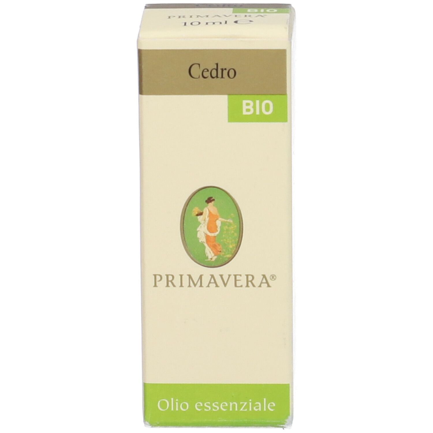 Confezione per olio essenziale. Scritta Cedro. Logo Primavera. Etichetta verde con testo. Verde sopra e sotto.
