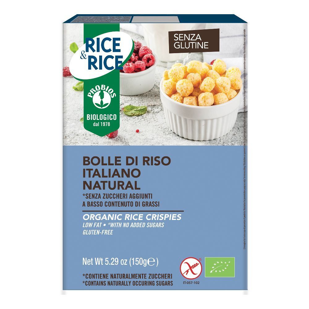 Confezione di "Rice&Rice" bolle di riso. Testo: "Bolle di Riso Italiano Natural", "Senza glutine", marchio bio. Immagine di bolle di riso e lamponi.