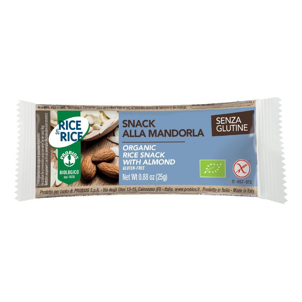 Confezione snack di riso biologico senza glutine con mandorle. Testo: Rice&Rice, Snack alla Mandorla, senza glutine, peso netto 25g.