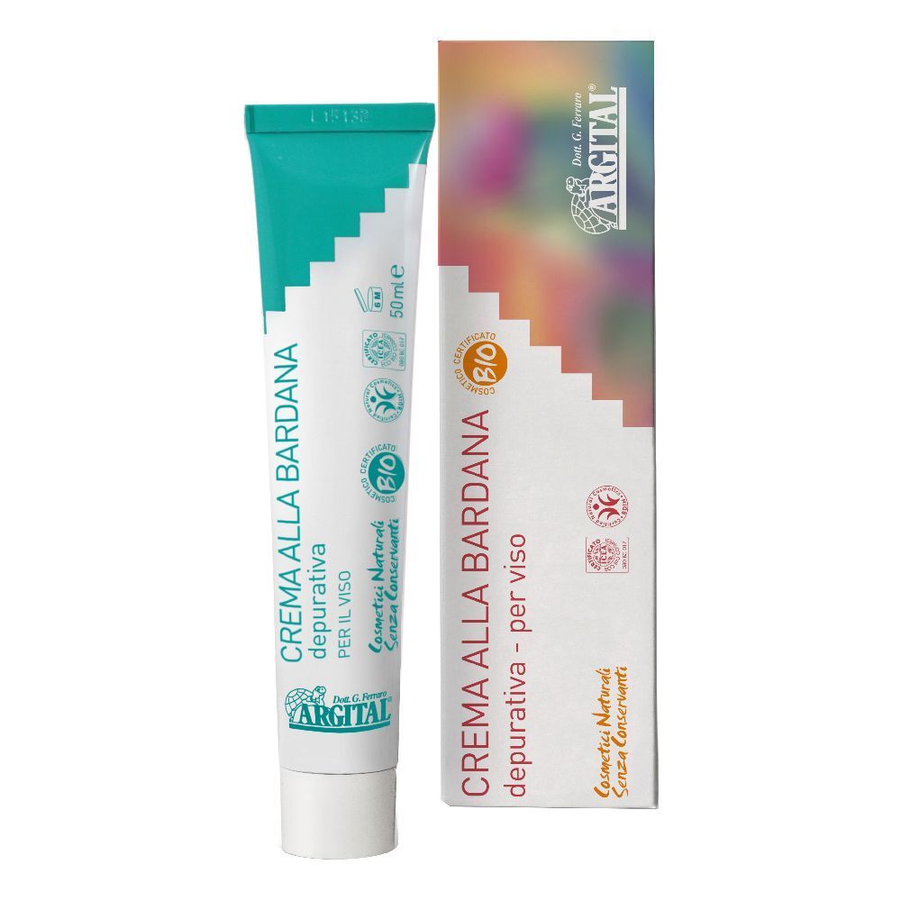 Crema Alla Bardana, tubo e scatola. Tubo verde e bianco con testo. Scatola con nome prodotto e logo.