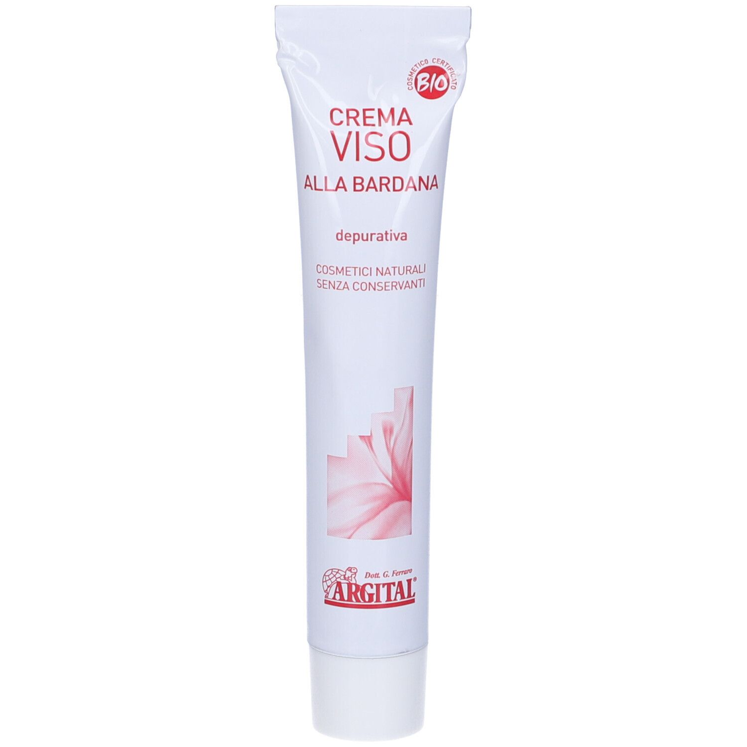 Crema Viso Alla Bardana, tubo. Tubo bianco con nome prodotto e logo. Sigillo bio.