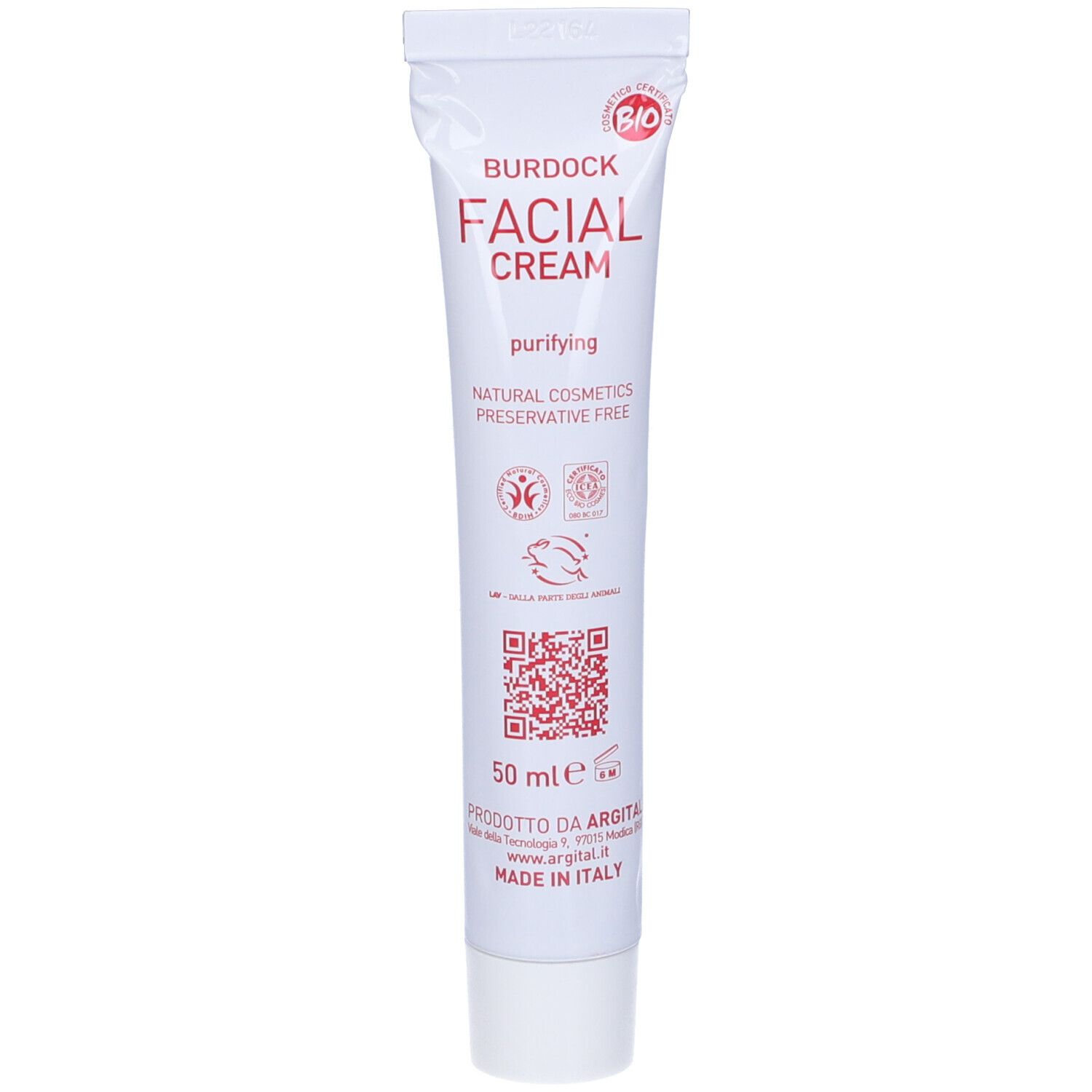 Tubo Burdock Facial Cream. Tubo bianco con testo rosso. 50 ml. Sigillo bio e codice QR.