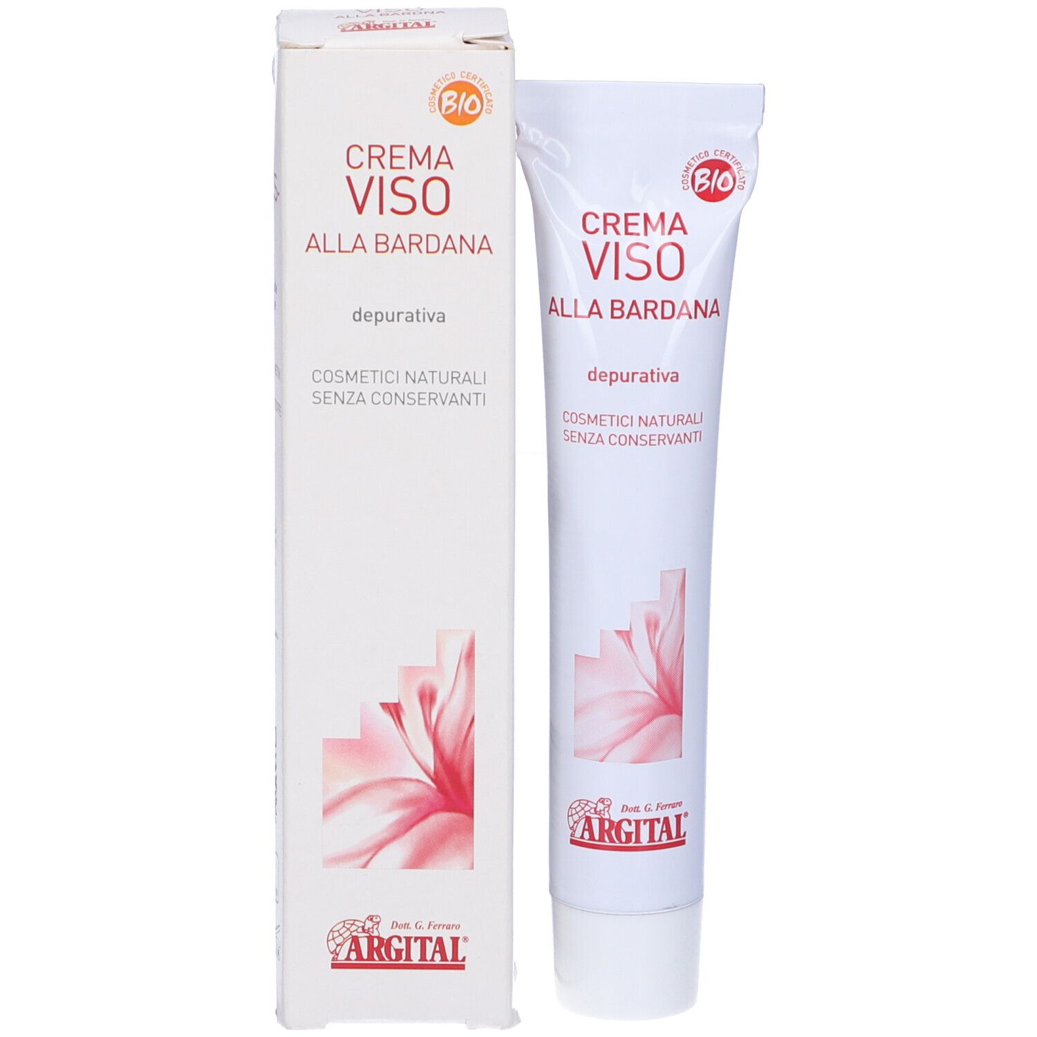 Crema Viso Alla Bardana, tubo e scatola. Tubo bianco e scatola con nome prodotto e logo.