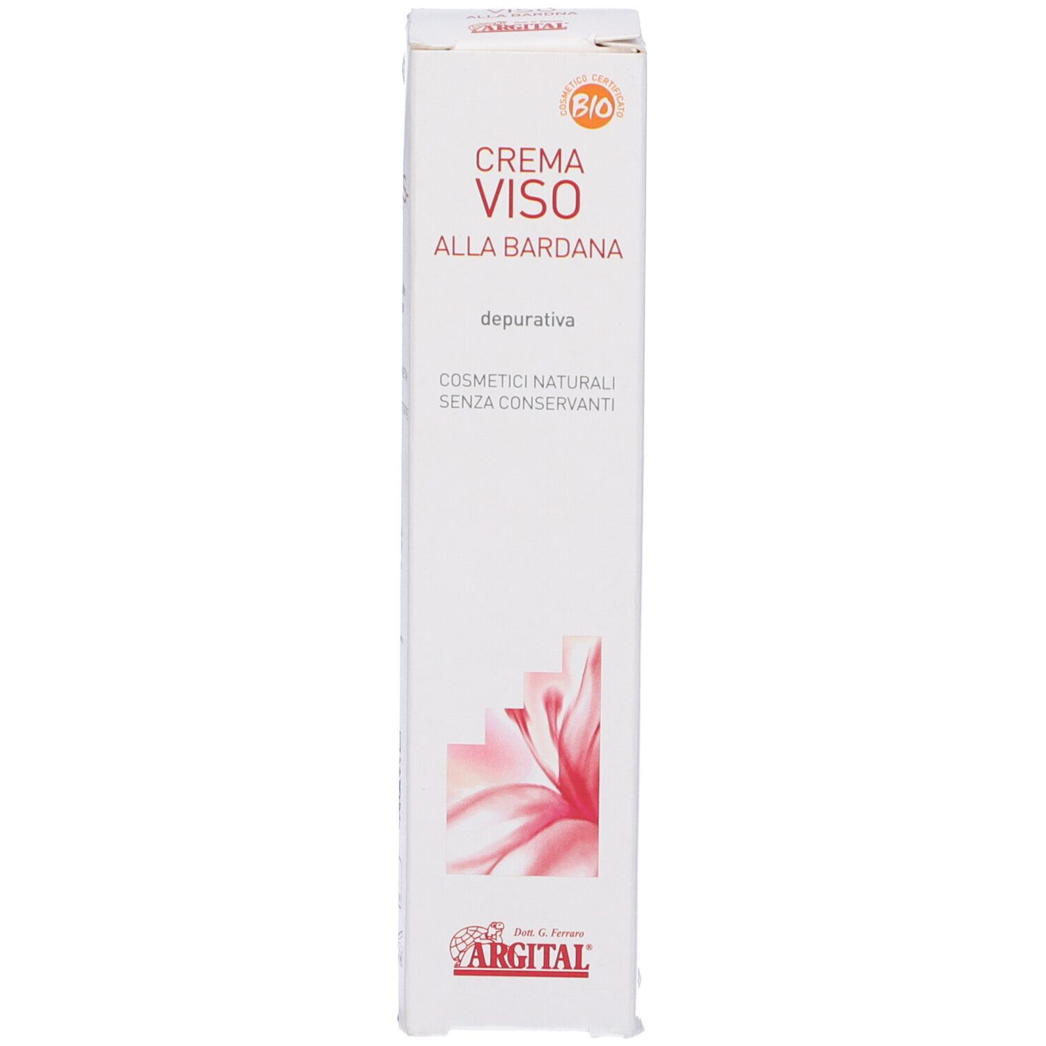 Scatola Crema Viso Alla Bardana. Scatola bianca con nome prodotto e logo.
