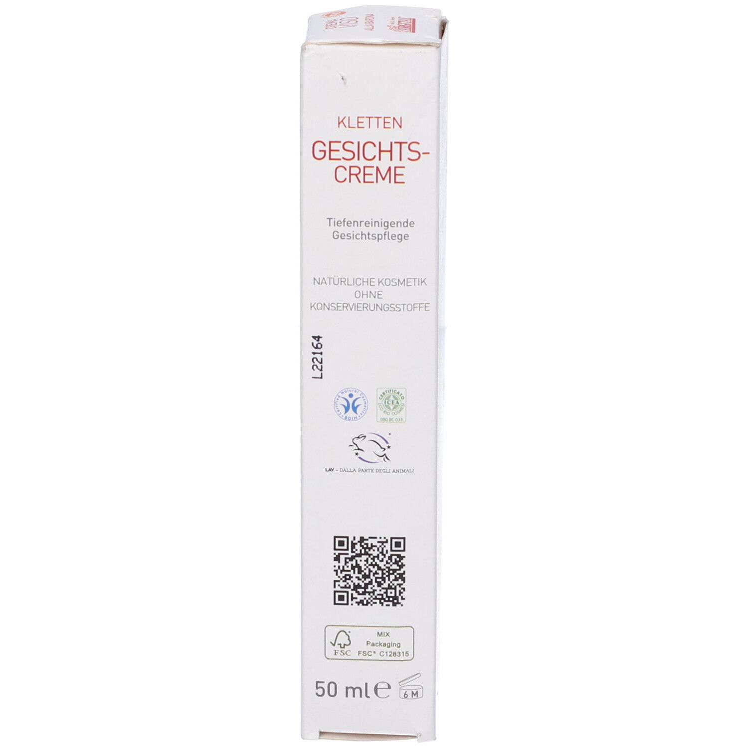 Scatola Kletten Gesichts-Creme. Scatola bianca con nome prodotto e logo. 50 ml.