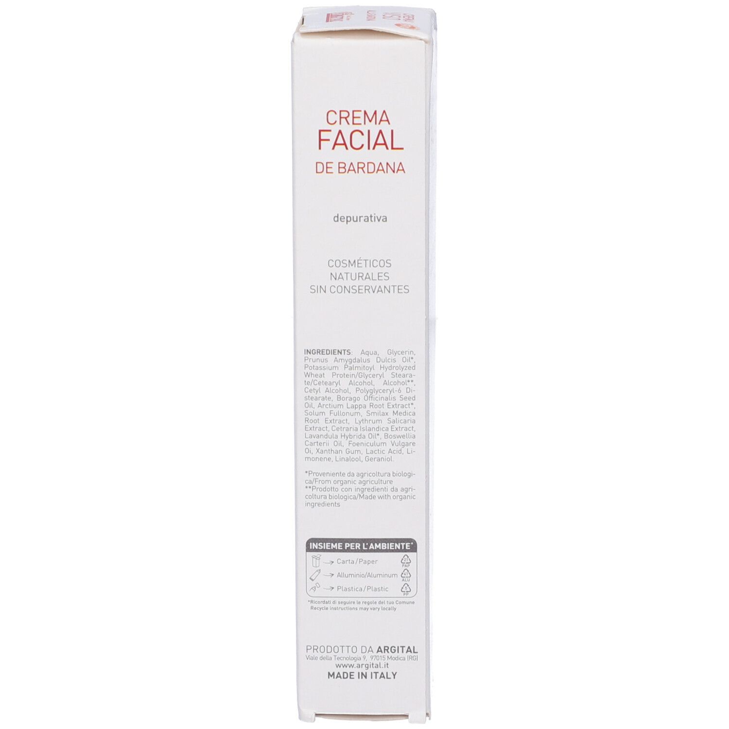 Scatola Crema Facial de Bardana. Scatola bianca con nome prodotto e logo. Ingredienti.