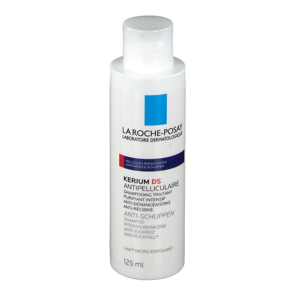 Weiße Flasche La Roche-Posay Kerium DS Anti-Schuppen Shampoo. Blaues Quadrat. 125 ml.