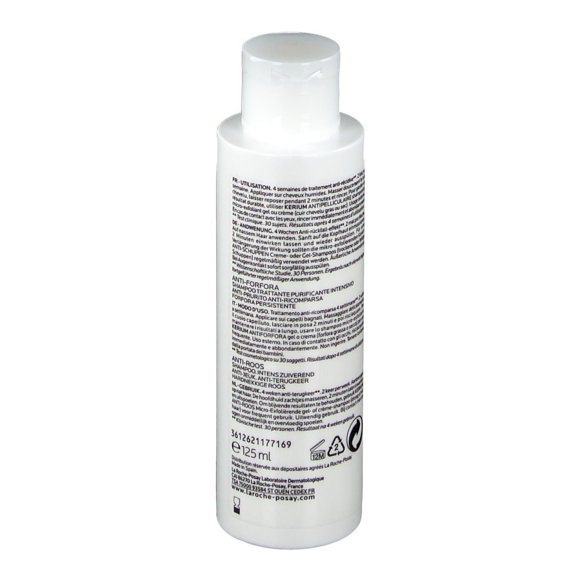 Rückseite der weißen Flasche. La Roche-Posay Kerium DS Anti-Schuppen Shampoo. 125 ml.