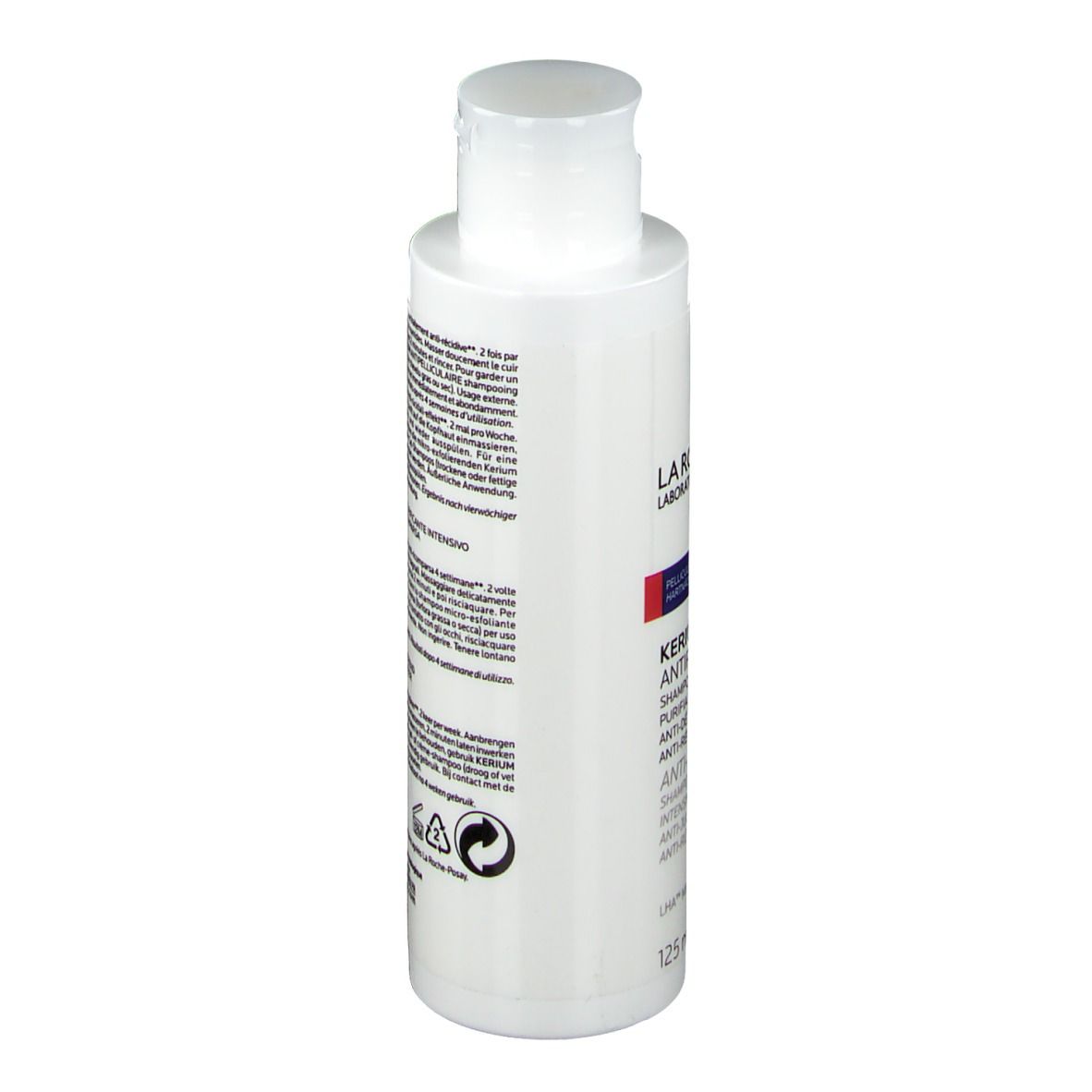 Weiße Flasche La Roche-Posay Kerium DS Anti-Schuppen Shampoo. 125 ml.