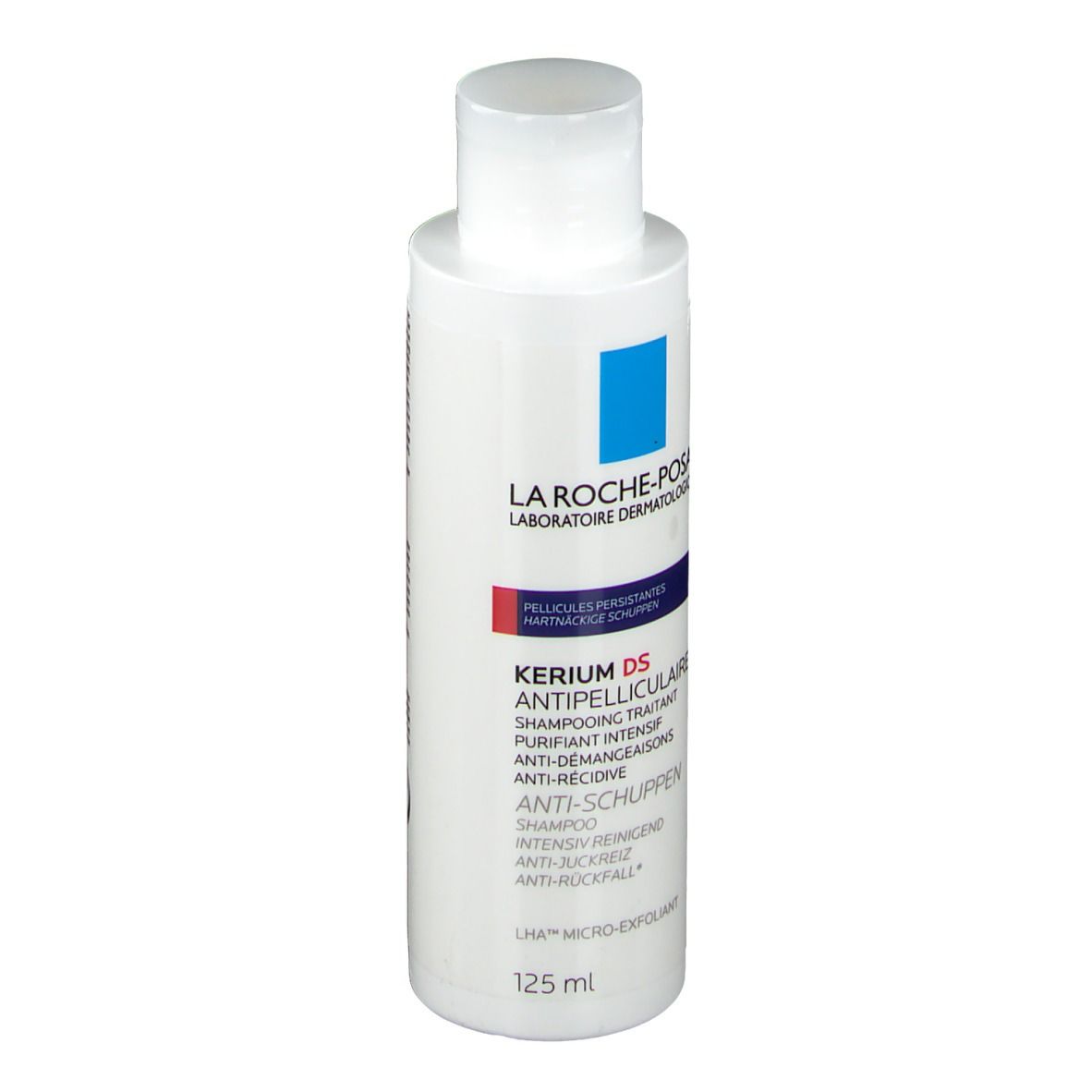 Weiße Flasche La Roche-Posay Kerium DS Anti-Schuppen Shampoo. 125 ml.