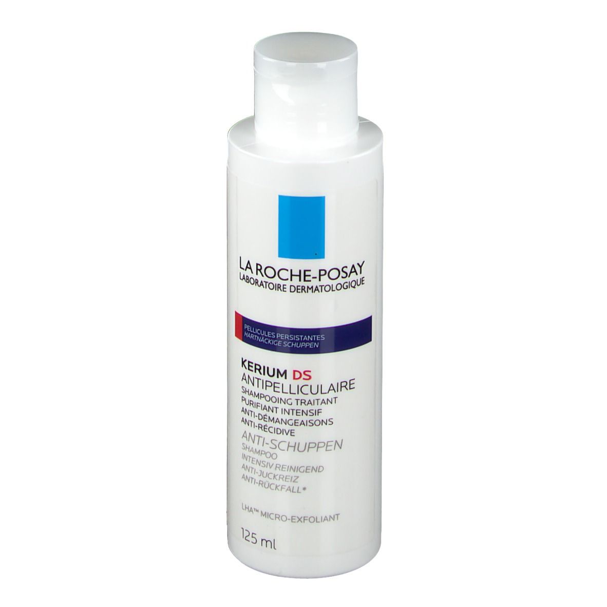 Weiße Flasche La Roche-Posay Kerium DS Anti-Schuppen Shampoo. 125 ml.