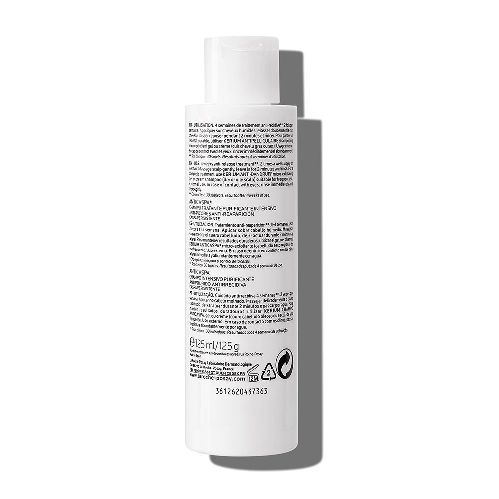 Rückseite der weißen Flasche. Text in mehreren Sprachen. La Roche-Posay Kerium DS Anti-Schuppen Shampoo.