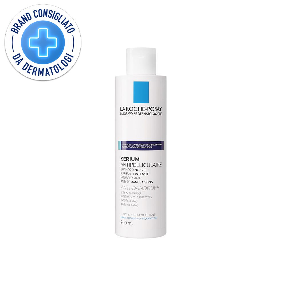 Gel-shampoo bianco La Roche-Posay. Scritta Kerium, antiforfora. Con sigillo dermatologico.