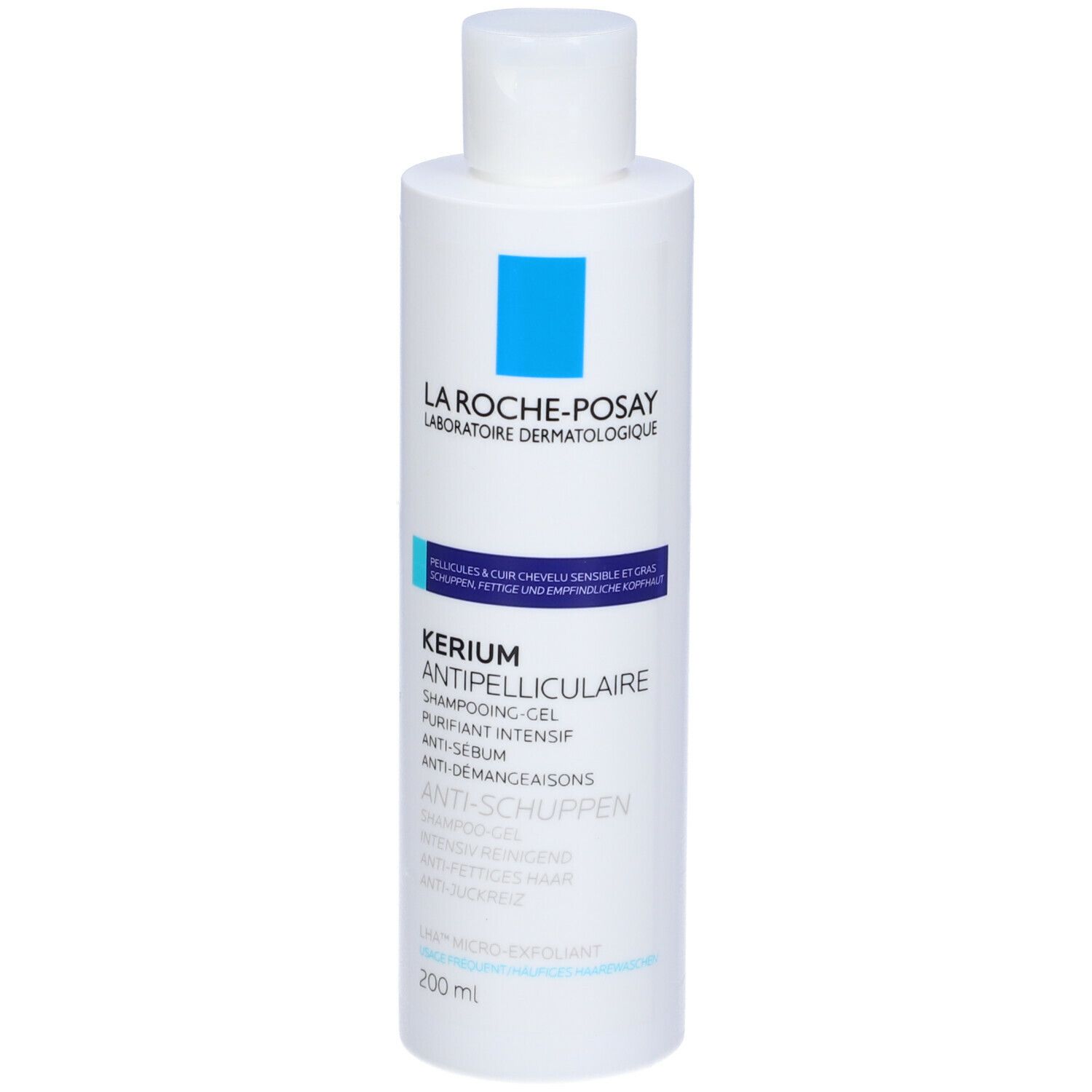 Flacone di shampoo bianco. Scritta: La Roche-Posay, Kerium, antiforfora. Volume: 200 ml.