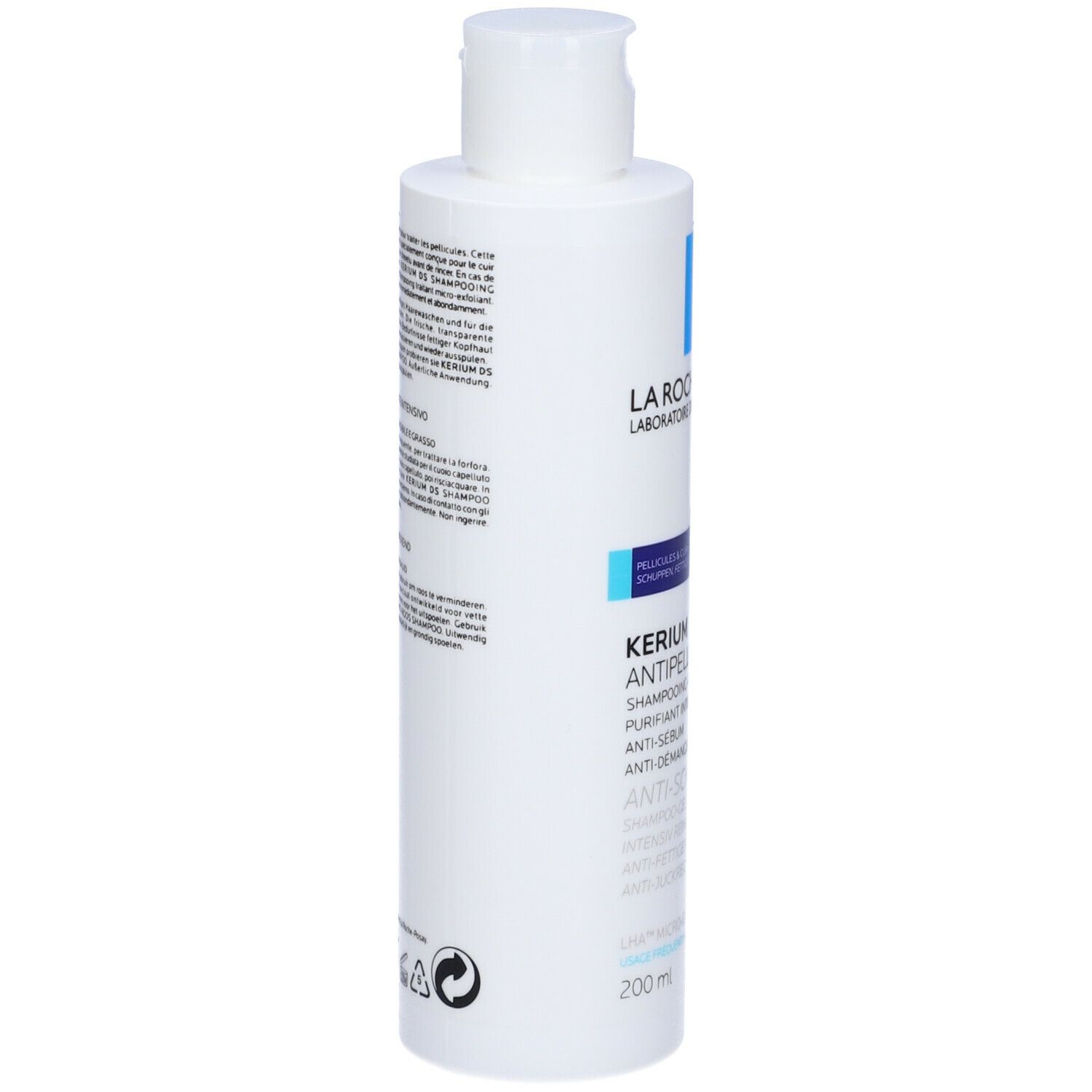 Flacone di shampoo bianco. Scritta: La Roche-Posay, Kerium, antiforfora. Volume: 200 ml.