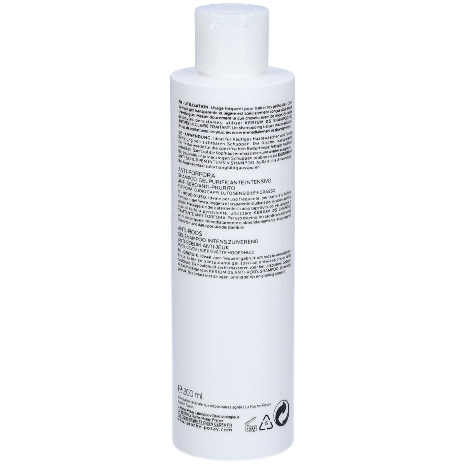 Retro di una bottiglia di shampoo bianca. Testo multilingue. Volume: 200 ml.