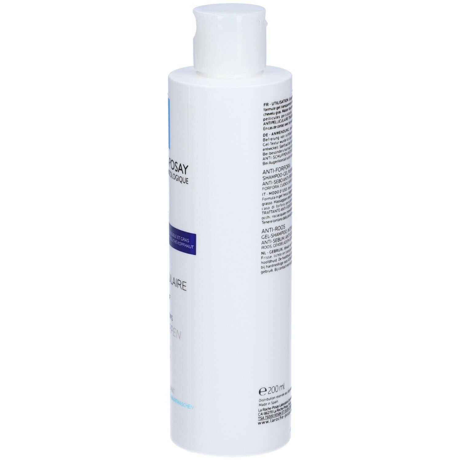 Retro di una bottiglia di shampoo bianca. Testo multilingue. Volume: 200 ml.