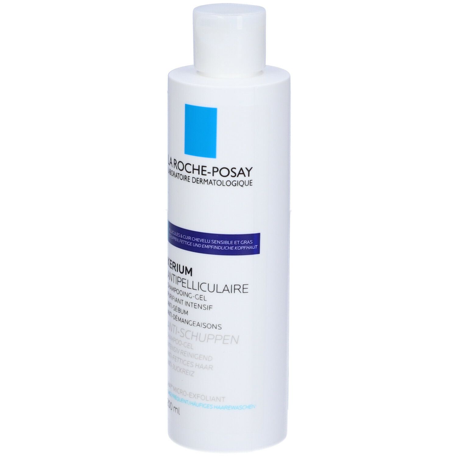 Flacone di shampoo bianco. Scritta: La Roche-Posay, Kerium, antiforfora. Volume: 200 ml.