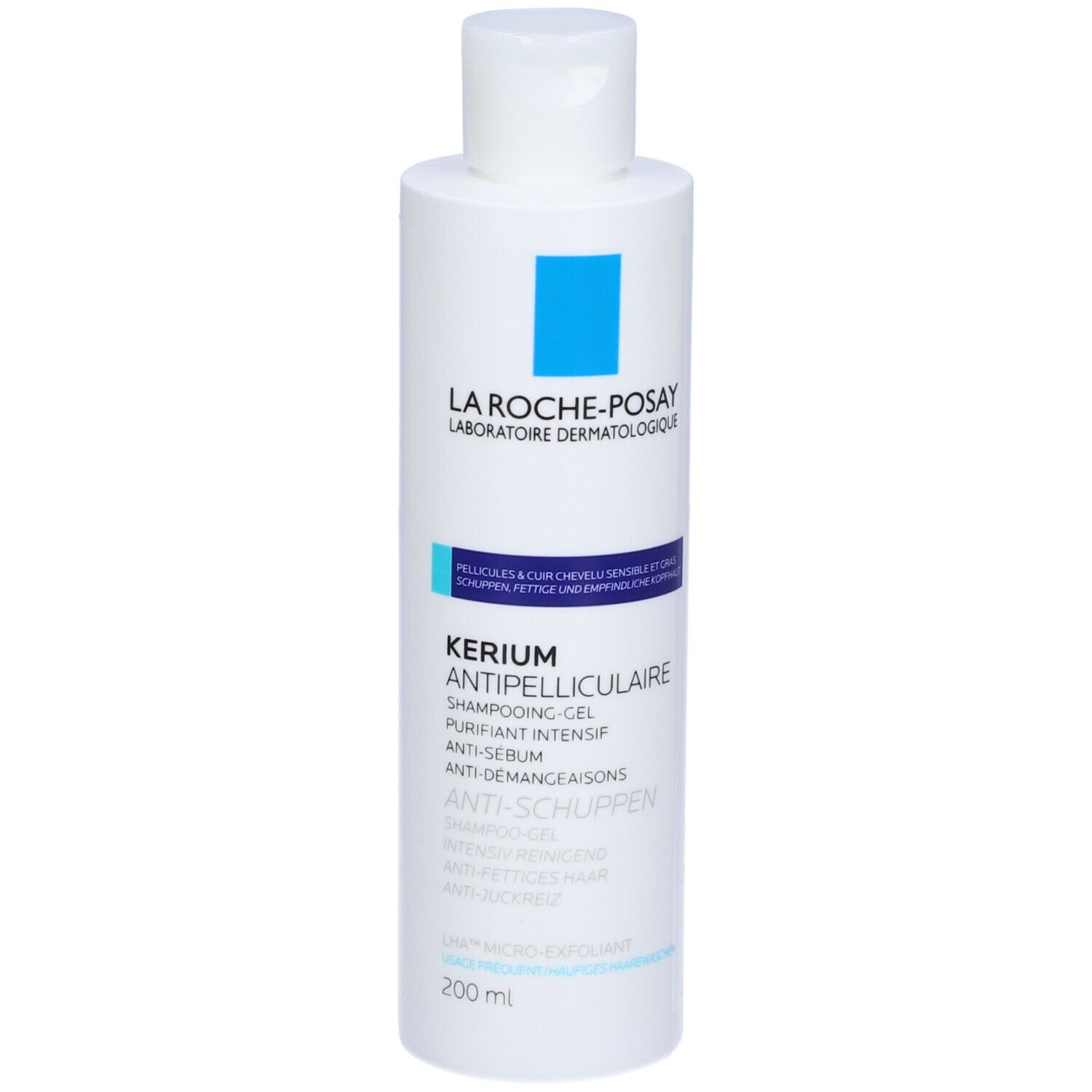Flacone di shampoo bianco. Scritta: La Roche-Posay, Kerium, antiforfora. Volume: 200 ml.