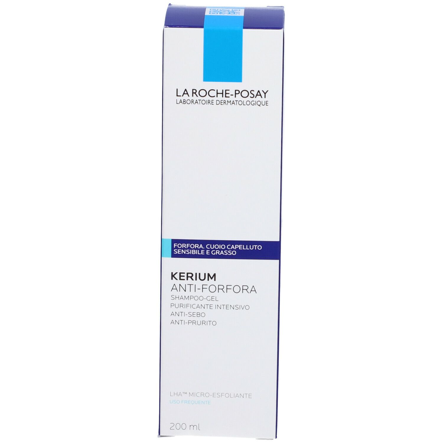Confezione del gel-shampoo La Roche-Posay Kerium. Scritta: antiforfora, 200 ml.