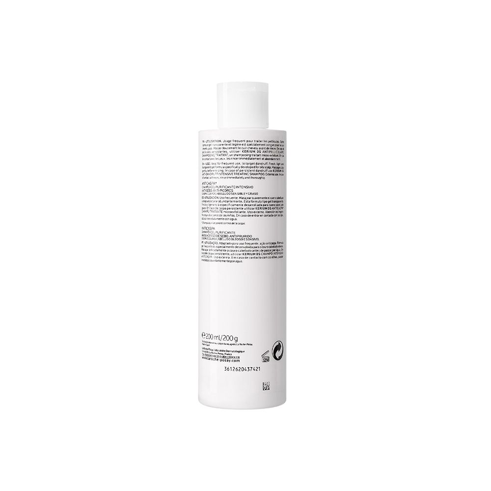 Retro di una bottiglia di shampoo bianca. Testo multilingue. Volume: 200 ml.