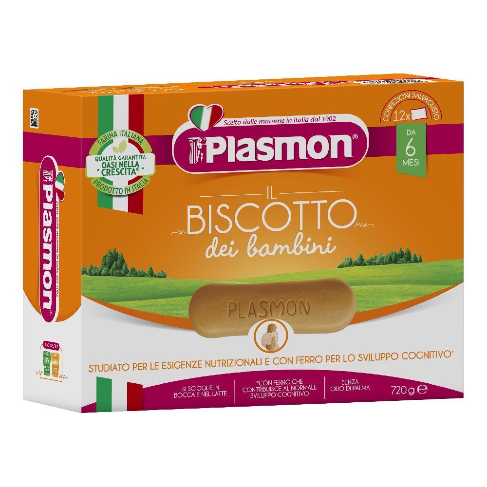 Confezione Plasmon® il Biscotto. Scatola arancione con immagine del prodotto. Testo: Il Biscotto dei bambini, da 6 mesi.