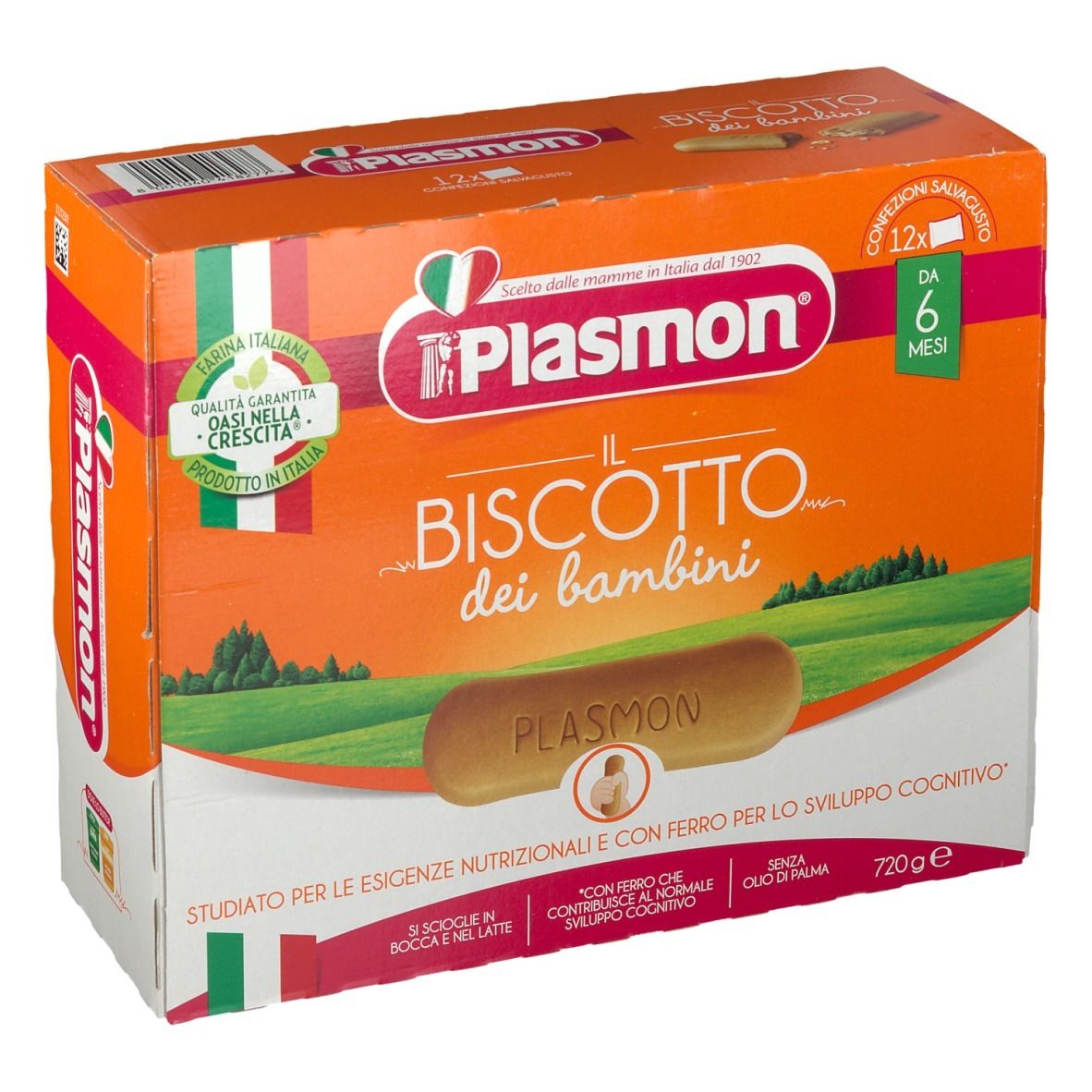 Confezione Plasmon® il Biscotto. Scatola arancione con immagine del prodotto. Testo: Il Biscotto dei bambini, da 6 mesi.