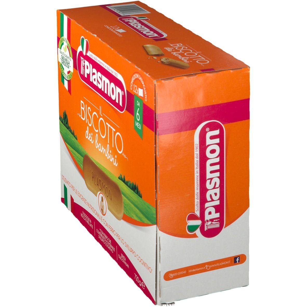 Confezione Plasmon® il Biscotto. Scatola arancione con immagine del prodotto. Testo: Il Biscotto dei bambini, da 6 mesi.