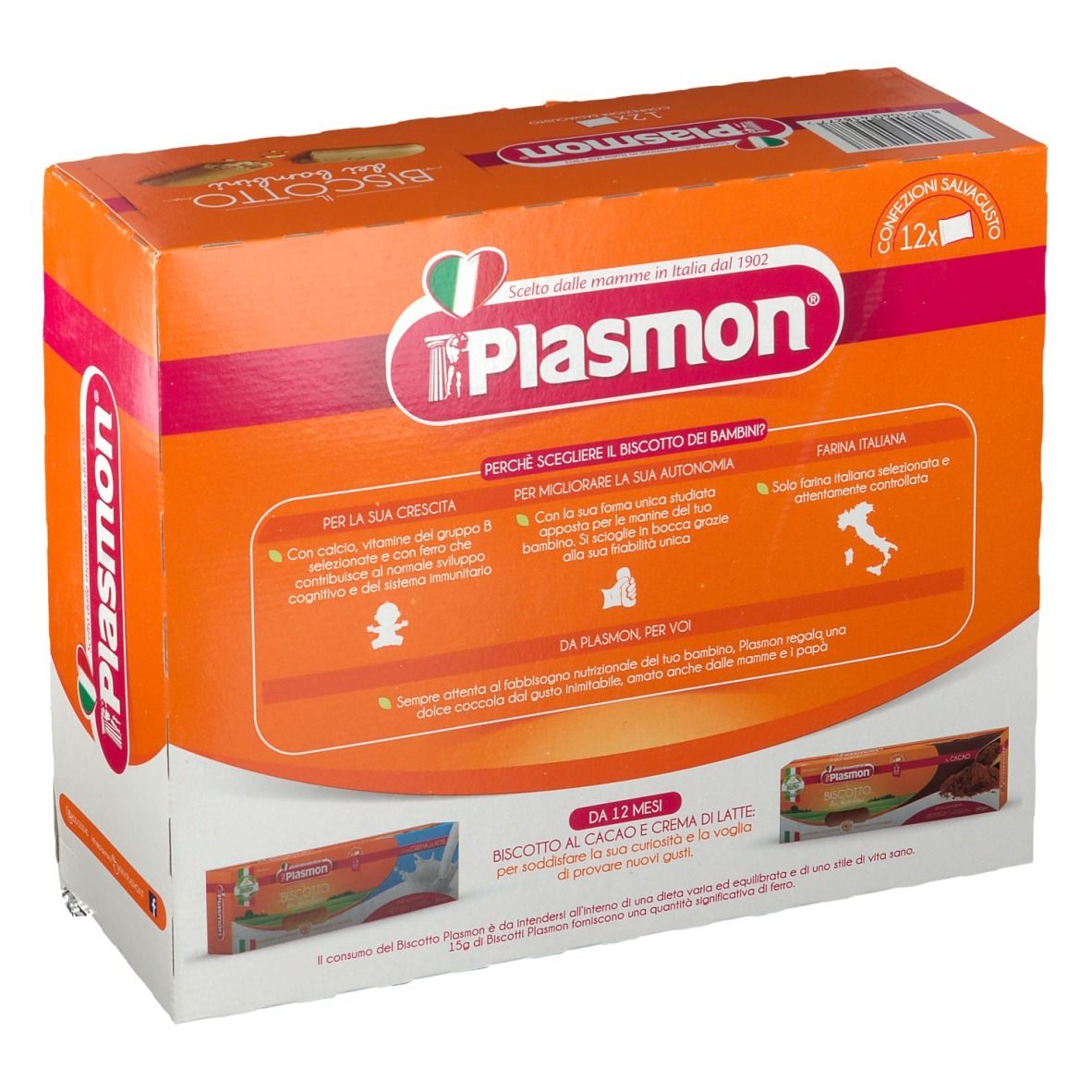Confezione Plasmon® il Biscotto. Scatola arancione con immagine del prodotto. Testo: Il Biscotto dei bambini, da 12 mesi.
