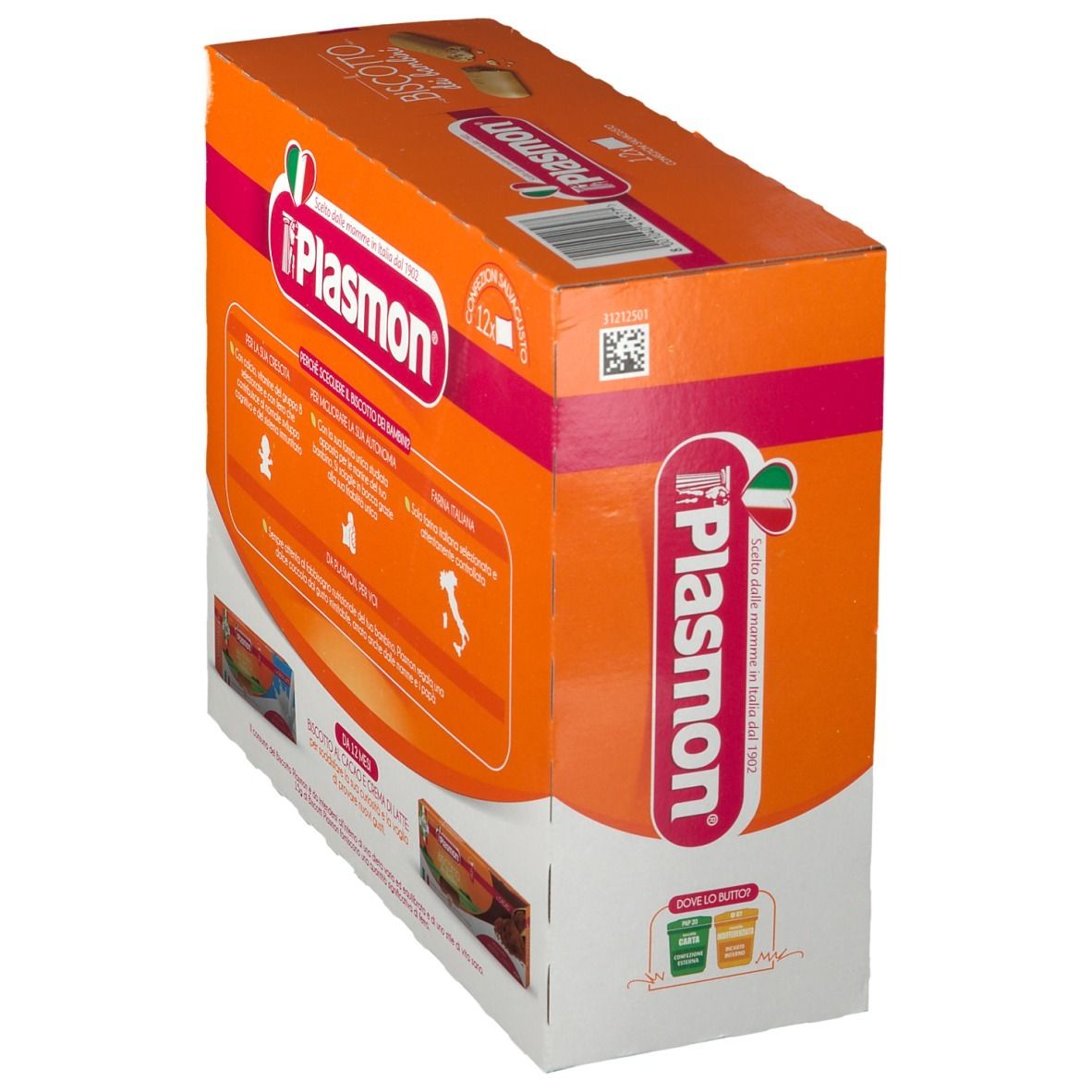 Confezione Plasmon® il Biscotto. Scatola arancione con immagine del prodotto. Testo: Il Biscotto dei bambini, da 12 mesi.