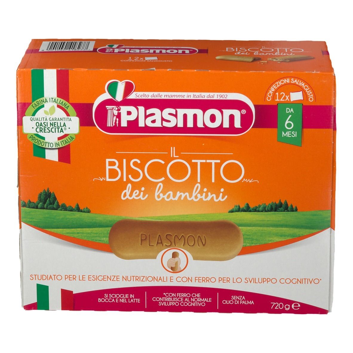 Confezione Plasmon® il Biscotto. Scatola arancione con immagine del prodotto. Testo: Il Biscotto dei bambini, da 6 mesi.