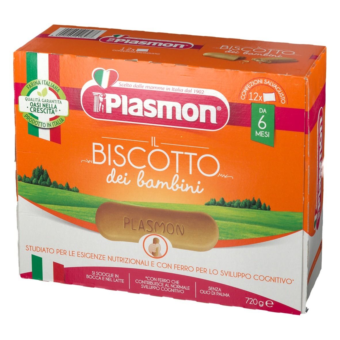 Confezione Plasmon® il Biscotto. Scatola arancione con immagine del prodotto. Testo: Il Biscotto dei bambini, da 6 mesi.