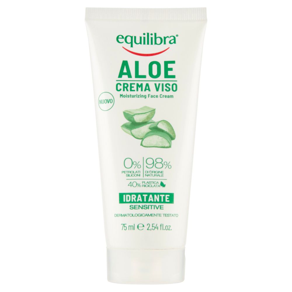 Tubo bianco Equilibra® Aloe Crema Viso. Scritta verde e bianca. Illustrazione aloe vera. Testo: Idratante, 75 ml.