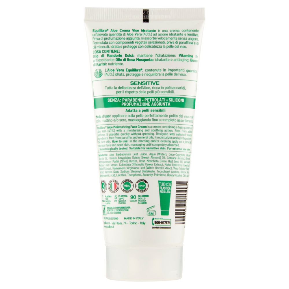 Retro del tubo bianco Equilibra® Aloe Crema Viso. Testo in italiano e inglese. Ingredienti e certificazioni.