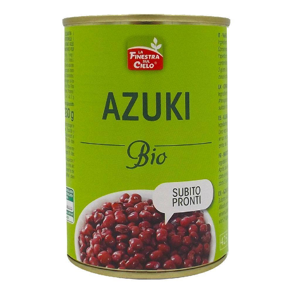 Lattina verde Azuki Bio. Scritta: Azuki Bio, Subito Pronti. Immagine di fagioli rossi.