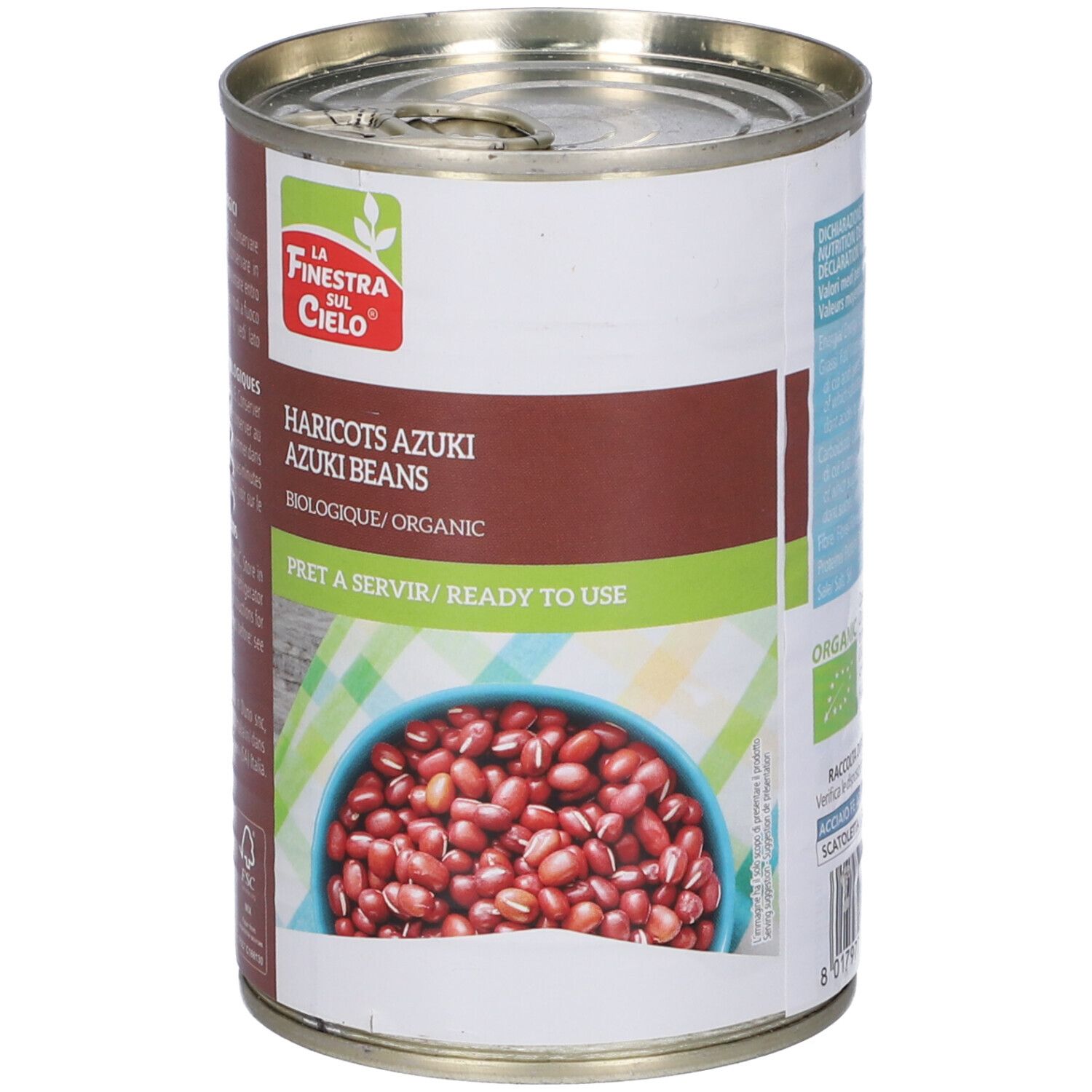 Lattina Azuki. Scritta: Haricots Azuki, Azuki Beans, Biologique/Organic, Pret a servir/Ready to use. Immagine di fagioli.