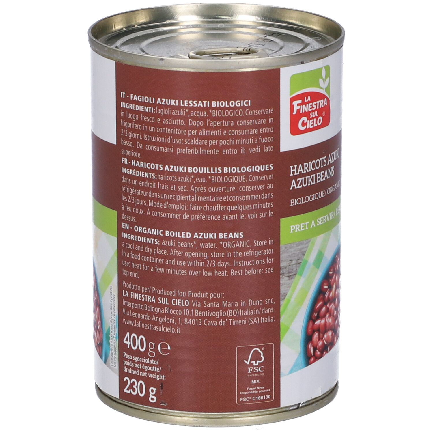 Lattina con testo. Scritta: Haricots Azuki, Azuki Beans, Biologique/Organic, Pret a servir/Ready to use. Testo in tedesco, francese e inglese.