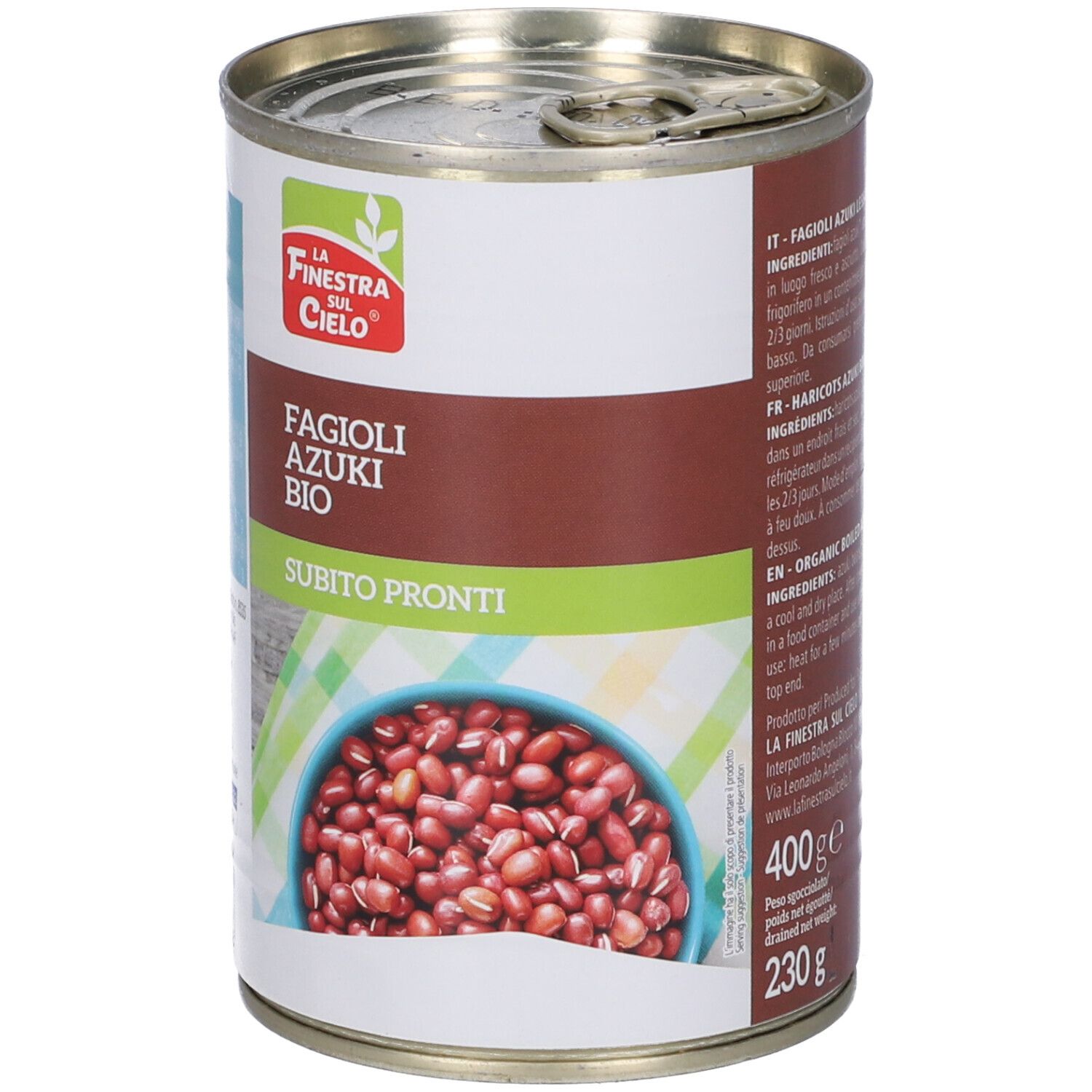 Lattina Azuki. Scritta: Fagioli Azuki Bio, Subito Pronti. Immagine di fagioli rossi.