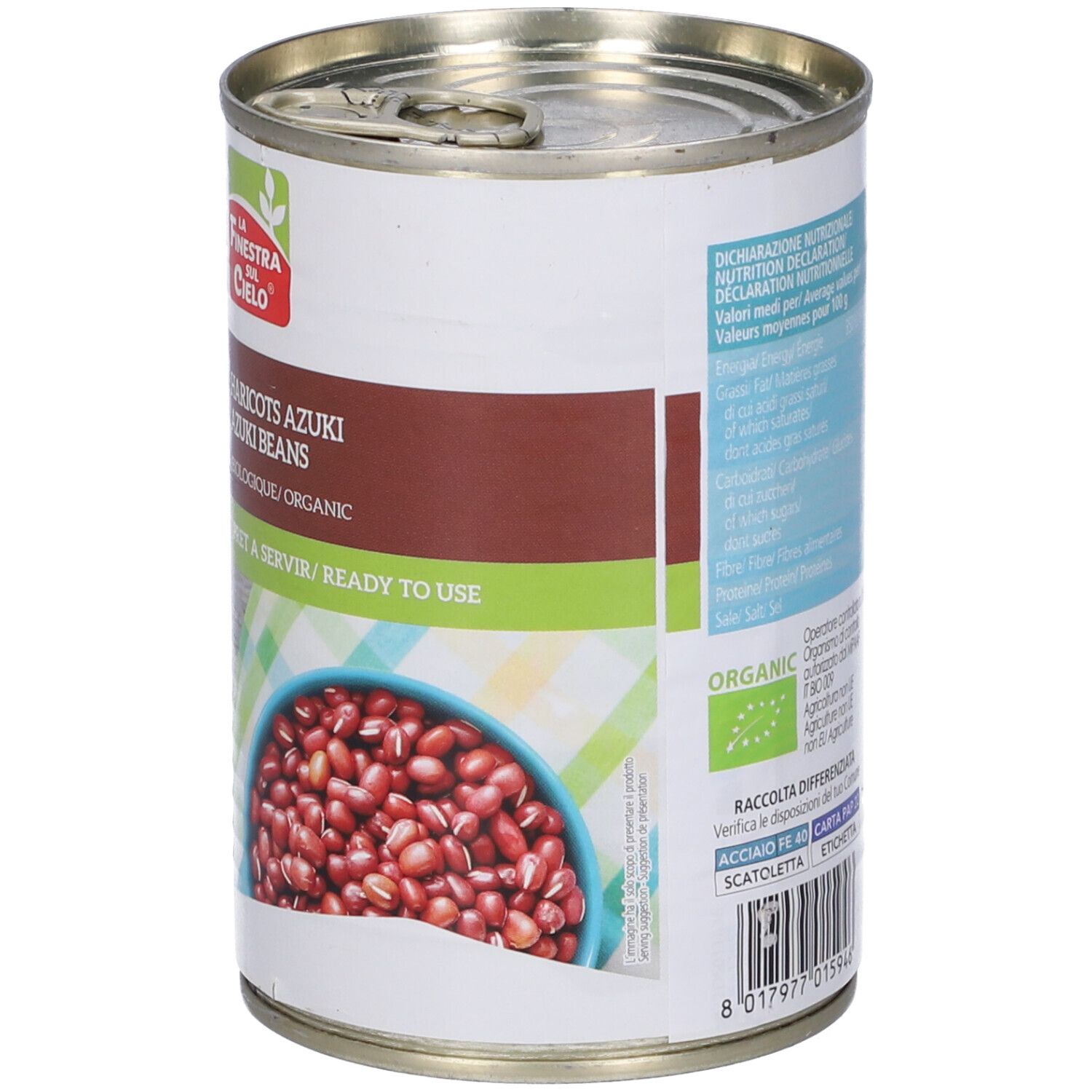 Lattina Azuki. Scritta: Haricots Azuki, Azuki Beans, Biologique/Organic, Pret a servir/Ready to use. Con marchio bio.